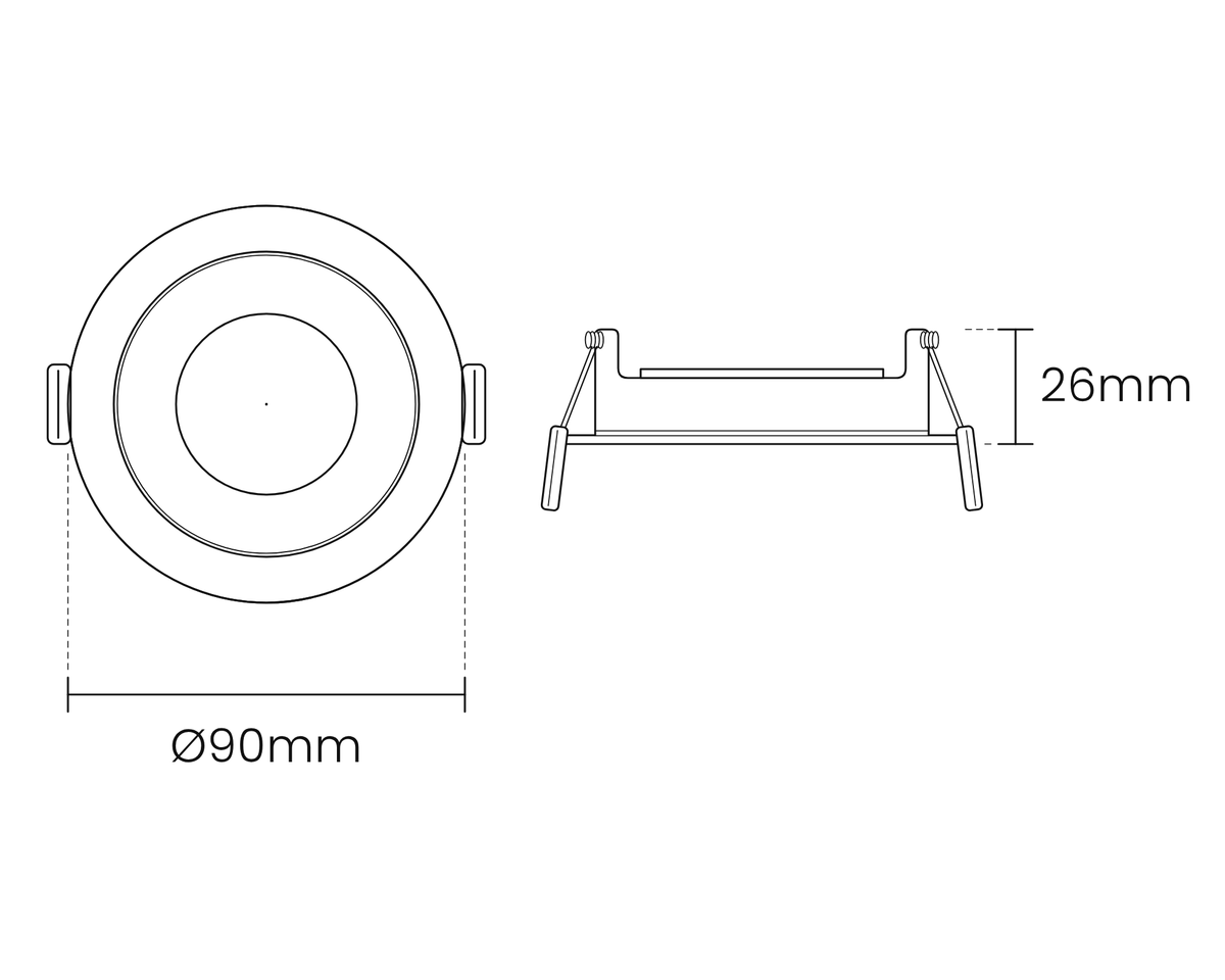 Maattekening AXIS 80 kantelbare GU10 inbouwspot, buitenmaat 90 mm en hoogte 26 mm