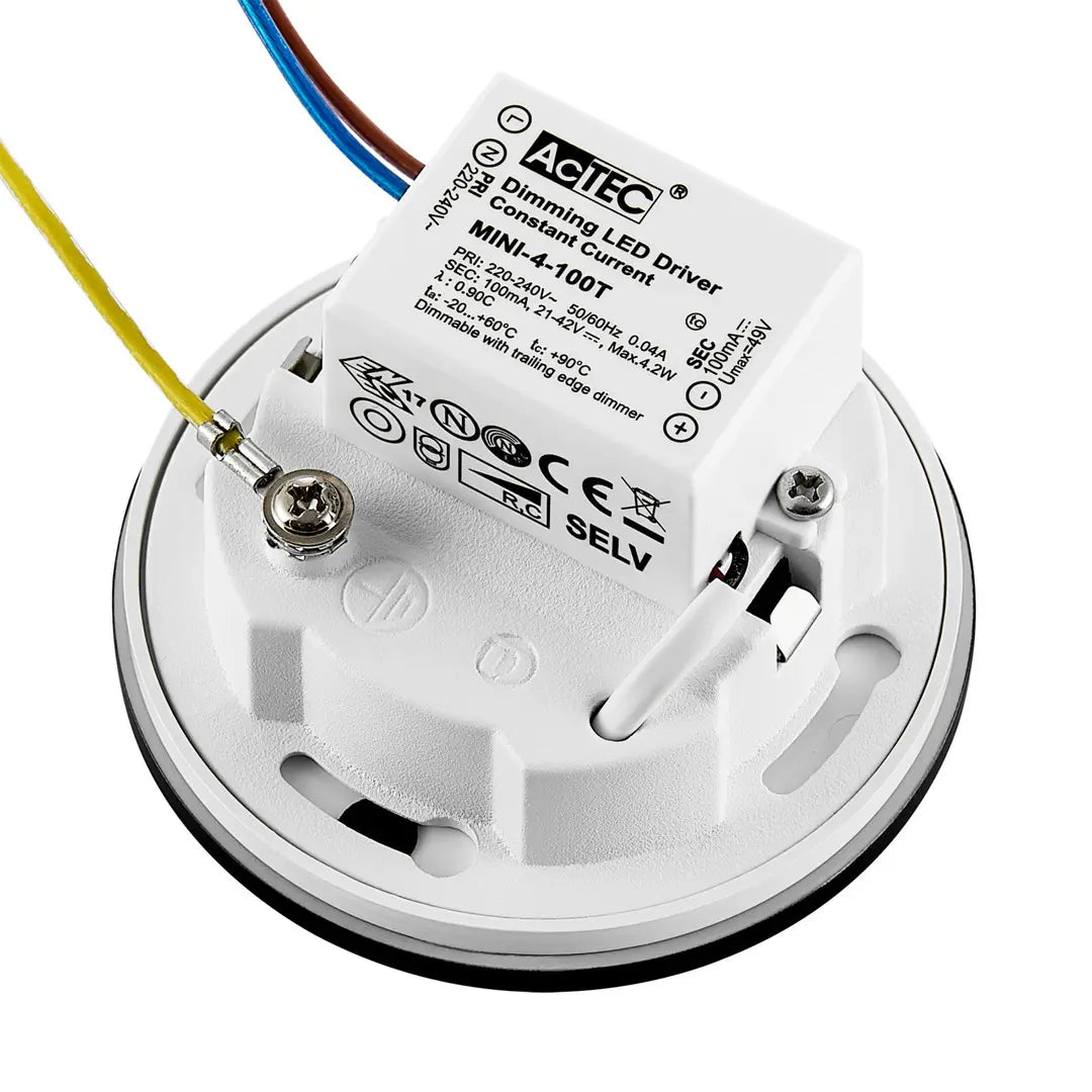 Rond zwart glaskapje met de LED inbouwmodule van de Alwaid Pro