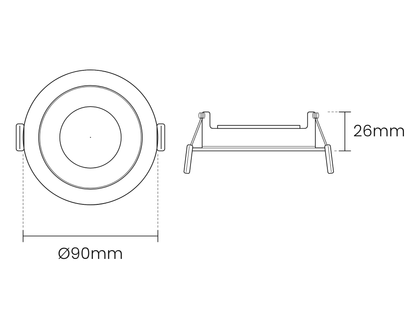 Maattekening AXIS 80 kantelbare GU10 inbouwspot, buitenmaat 90 mm en hoogte 26 mm